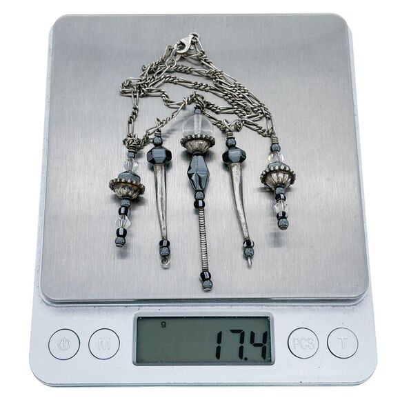 Vintage Sterling Silver 925 Quartz Hematite Crystal Dangle Bib Necklace 16" - Picture 4 of 4